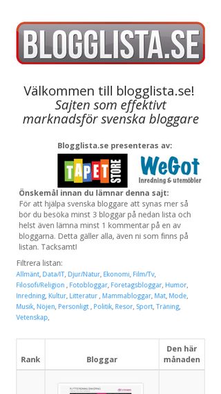 Mobile preview of blogglista.se